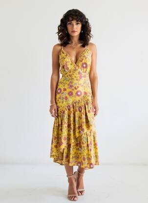 Rochie midi guler în v bretele subțiri galben RHUM RAISIN femeie