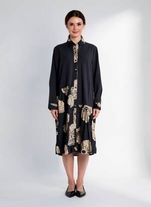 Rochie midi imprimeu fantezie mâneci lungi negru RHUM RAISIN femeie