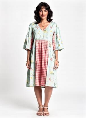 Rochie midi imprimeu floral mâneci 3/4 albastru RHUM RAISIN femeie