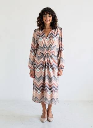 Rochie midi imprimeu fantezie mâneci lungi maro K-DESIGN femeie