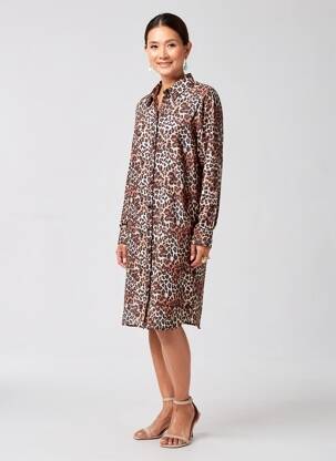 Rochie midi imprimeu floral mâneci lungi maro CREAM femeie