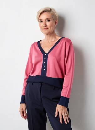 Pulover guler în v mâneci lungi roz MARBLE femeie