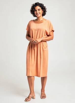 Rochie midi țesătură crep mâneci scurte portocalie TELMAIL femeie
