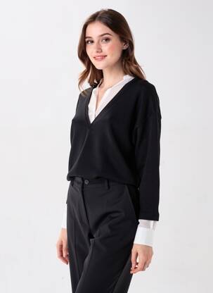 Pulover guler în v mâneci lungi negru EMA BLUE'S femeie