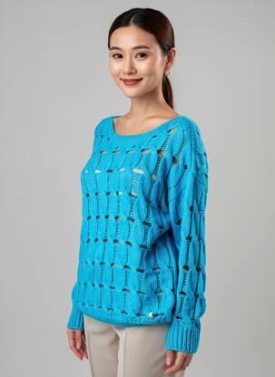 Pulover plasă decupată mâneci lungi albastru SEE THE MOON femeie
