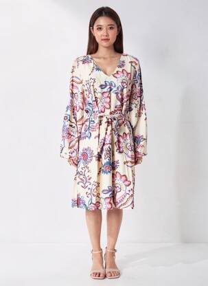 Rochie midi imprimeu floral mâneci lungi bej AKOZ DE TOI femeie