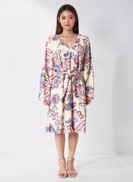 Rochie midi imprimeu floral mâneci lungi bej AKOZ DE TOI femeie