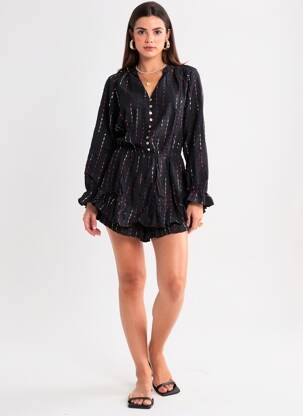 Salopetă scurtă țesătură poplin mâneci lungi negru MUSY MUSE femeie