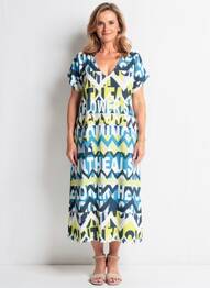 Rochie midi imprimeu fantezie mâneci scurte albastru I.ODENA femeie