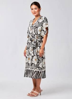 Rochie midi imprimeu floral mâneci scurte negru COULEURS DU TEMPS femeie