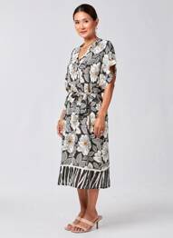 Rochie midi imprimeu floral mâneci scurte negru COULEURS DU TEMPS femeie