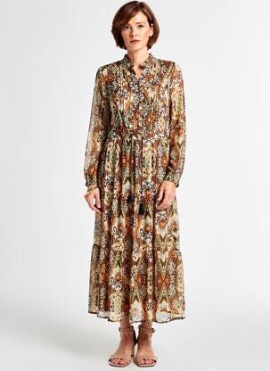 Rochie midi croială fluidă mâneci lungi maro YEST femeie
