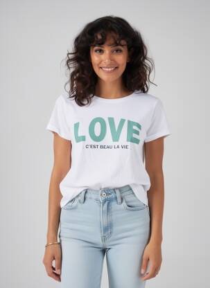 Tricou serigrafie flockată mâneci scurte alb C'EST BEAU LA VIE femeie
