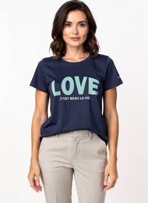 Tricou serigrafie flockată mâneci scurte albastru C'EST BEAU LA VIE femeie