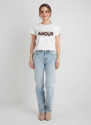 Tricou serigrafie flockată mâneci scurte alb C'EST BEAU LA VIE femeie