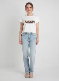 Tricou serigrafie flockată mâneci scurte alb C'EST BEAU LA VIE femeie