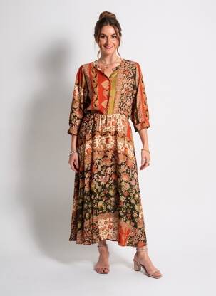 Rochie lungă imprimeu floral mâneci 3/4 portocalie C'EST BEAU LA VIE femeie