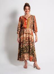 Rochie lungă imprimeu floral mâneci 3/4 portocaliu C'EST BEAU LA VIE femeie