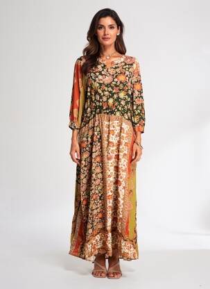 Rochie lungă imprimeu floral mâneci 3/4 portocalie C'EST BEAU LA VIE femeie