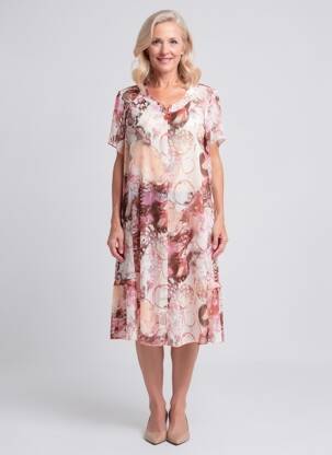 Rochie midi imprimeu fantezie mâneci scurte roz GEVANA femeie