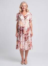 Rochie midi imprimeu fantezie mâneci scurte roz GEVANA femeie