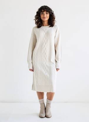 Rochie pulover croială cambrată mâneci lungi bej CREAM femeie