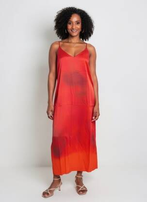 Rochie lungă croială fluidă bretele subțiri portocalie MASSIMO DUTTI femeie