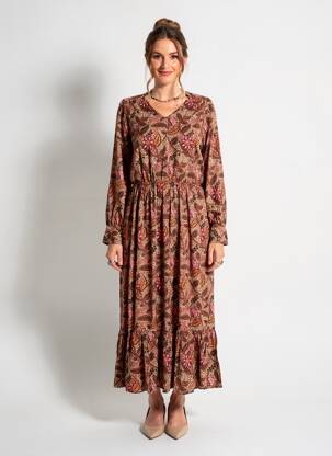 Rochie lungă mâneci lungi mâneci lungi maro C'EST BEAU LA VIE femeie