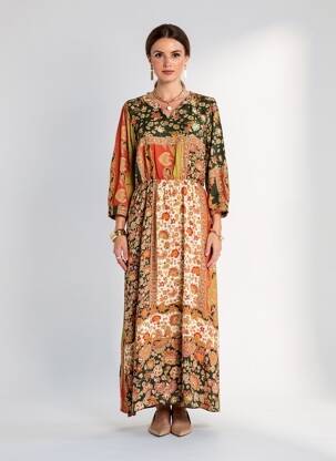 Rochie lungă imprimeu floral mâneci 3/4 portocalie C'EST BEAU LA VIE femeie