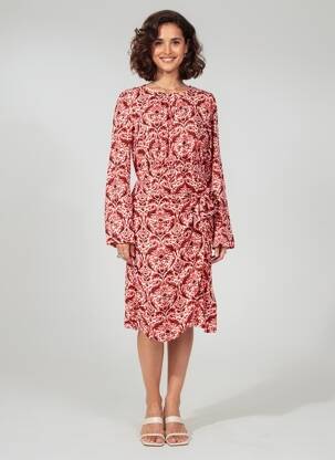 Rochie midi imprimeu floral mâneci lungi roșu C'EST BEAU LA VIE femeie