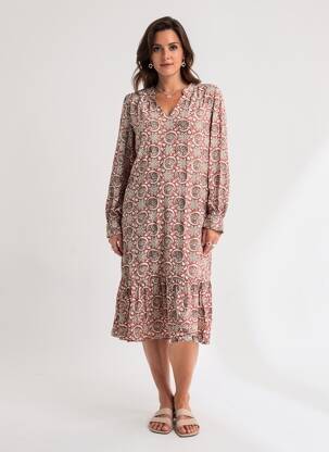 Rochie midi imprimeu fantezie mâneci lungi roșu C'EST BEAU LA VIE femeie