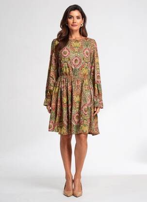 Rochie midi imprimeu fantezie mâneci lungi verde C'EST BEAU LA VIE femeie