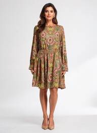 Rochie midi imprimeu fantezie mâneci lungi verde C'EST BEAU LA VIE femeie
