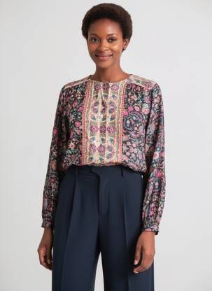 Cămașă imprimeu floral mâneci lungi negru C'EST BEAU LA VIE femeie