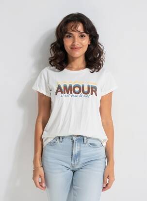 Tricou serigrafie mâneci scurte bej C'EST BEAU LA VIE femeie