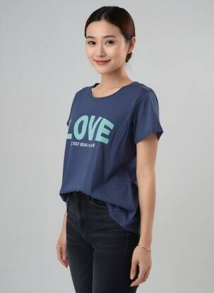 Tricou serigrafie mâneci scurte albastru C'EST BEAU LA VIE femeie