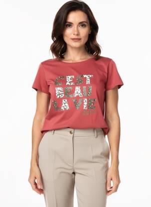 Tricou serigrafie mâneci scurte portocalie C'EST BEAU LA VIE femeie
