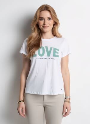 Tricou serigrafie mâneci scurte alb C'EST BEAU LA VIE femeie