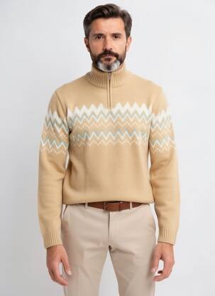 Pulover țesătură jacquard mâneci lungi bej CAMBRIDGE bărbat