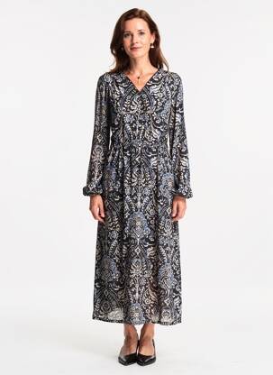 Rochie lungă imprimeu fantezie mâneci lungi negru JULIE GUERLANDE femeie
