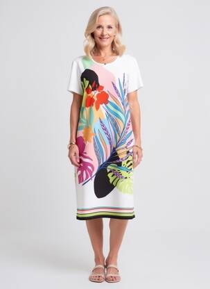 Rochie midi imprimeu fantezie mâneci scurte alb GUY DUBOUIS femeie