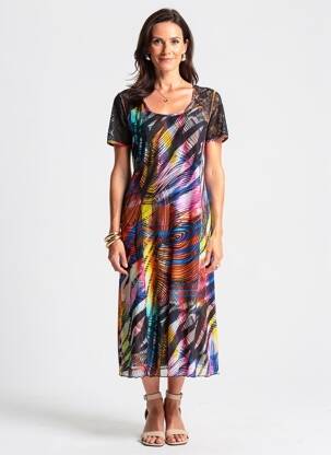 Rochie midi imprimeu fantezie mâneci scurte negru GUY DUBOUIS femeie