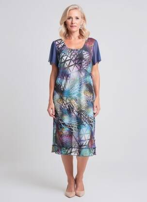 Rochie midi imprimeu fantezie mâneci scurte albastru GUY DUBOUIS femeie