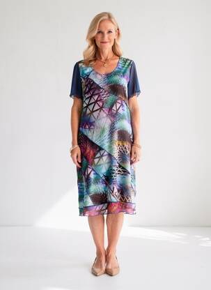 Rochie midi imprimeu fantezie mâneci scurte albastru GUY DUBOUIS femeie