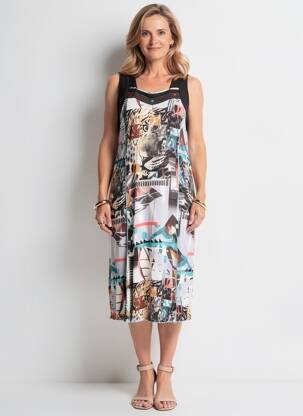 Rochie midi imprimeu fantezie fără mâneci negru FRANCE RIVOIRE femeie