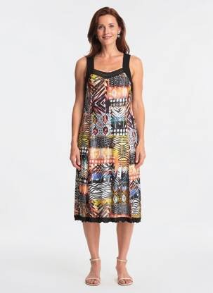 Rochie midi imprimeu fantezie fără mâneci negru GUY DUBOUIS femeie