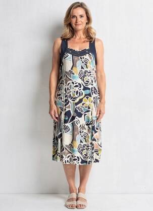 Rochie midi imprimeu fantezie fără mâneci albastru FRANCE RIVOIRE femeie