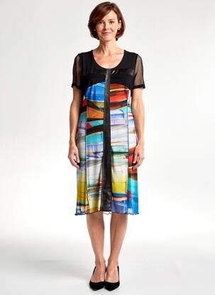 Rochie midi imprimeu fantezie mâneci scurte negru GUY DUBOUIS femeie
