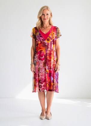 Rochie midi imprimeu floral mâneci scurte roșu GUY DUBOUIS femeie