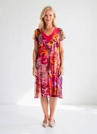 Rochie midi imprimeu floral mâneci scurte roșu GUY DUBOUIS femeie